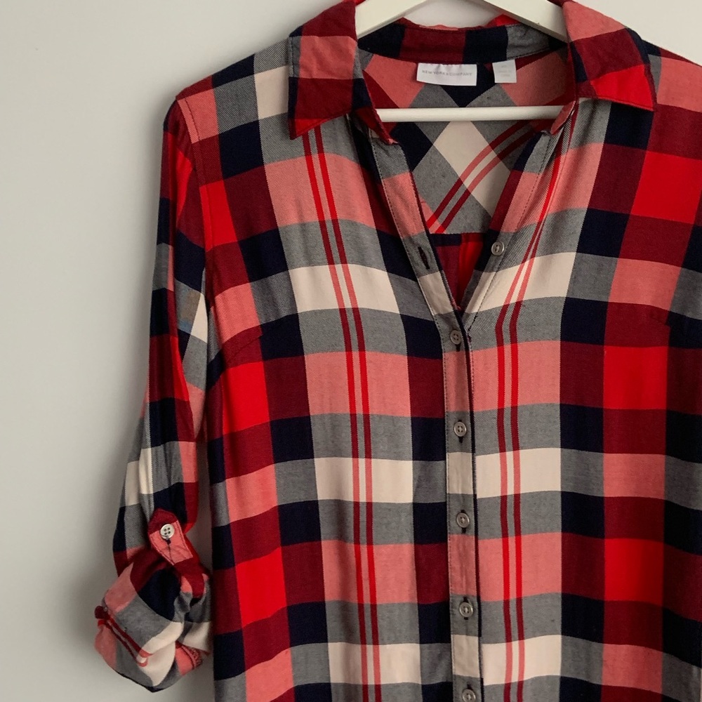 New York & Company Plaid Button Down Oversized Top